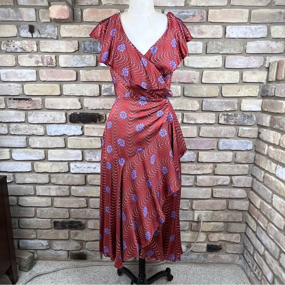ANTHRO brown rust red Ruffle-Sleeve Printed-Wrap Maxi Dress - Picture 4 of 12